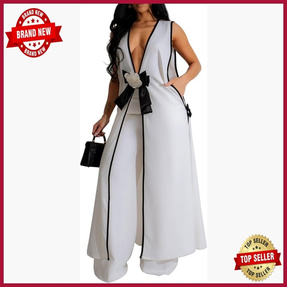 Women's Sleeveless Vest Dress Wide Leg Pants Blazer Set Business Casual